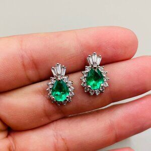 Vintage 925 Sterling Silver Green Pear Shaped Stud Statement Earrings